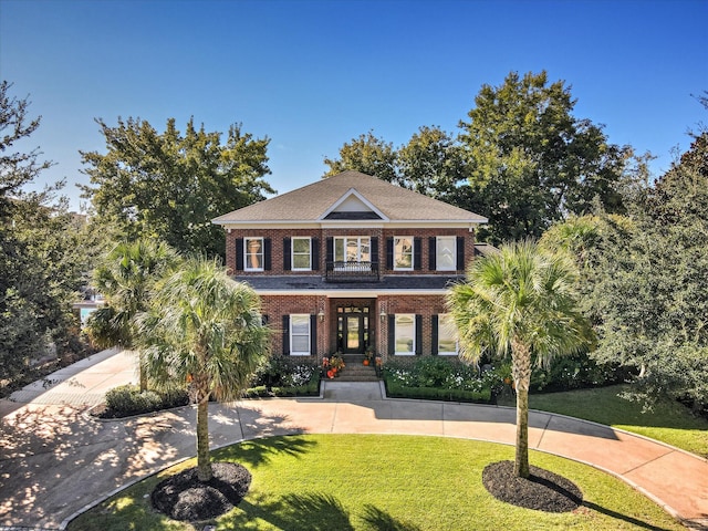 324 E Shoreline Dr, North Augusta, SC 29841 - georgian-style home with a front yard, brick siding, and curved driveway