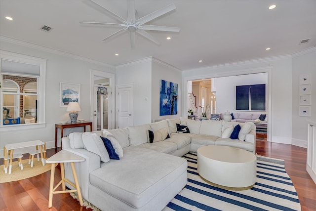 324 E Shoreline Dr, North Augusta, SC 29841 - living room with wood finished floors, baseboards, a ceiling fan, recessed lighting, and ornamental molding