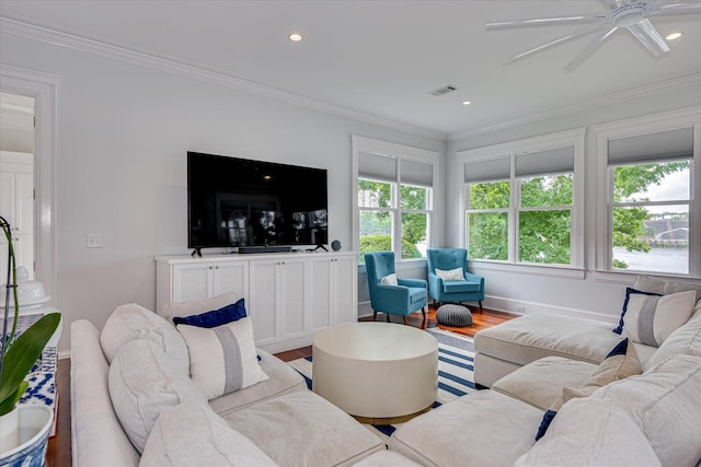 324 E Shoreline Dr, North Augusta, SC 29841 - living area featuring plenty of natural light, ornamental molding, ceiling fan, wood finished floors, and recessed lighting
