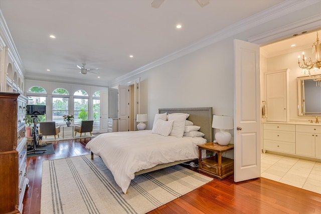 324 E Shoreline Dr, North Augusta, SC 29841 - bedroom with light wood-type flooring, ornamental molding, access to outside, recessed lighting, and connected bathroom