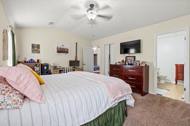 752 Keyes Dr, Grovetown, GA 30813 - carpeted bedroom with lofted ceiling, baseboards, connected bathroom, and ceiling fan