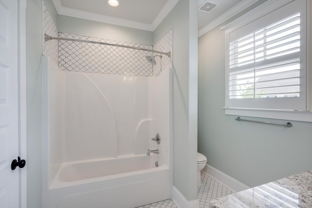 bathroom featuring visible vents, crown molding, tile patterned flooring, shower / washtub combination, and toilet