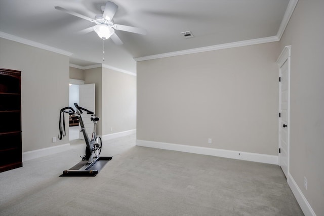 workout room with ceiling fan, visible vents, baseboards, ornamental molding, and carpet flooring