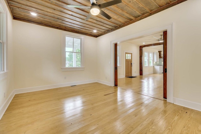 spare room with crown molding, wood ceiling, light hardwood / wood-style flooring, and ceiling fan