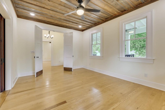 unfurnished room featuring hardwood / wood-style floors, wood ceiling, and ceiling fan with notable chandelier