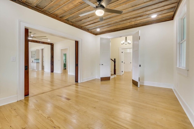 spare room featuring wood ceiling, ceiling fan with notable chandelier, and light wood-type flooring