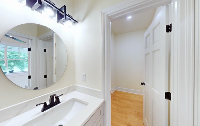 bathroom with wood-type flooring and vanity