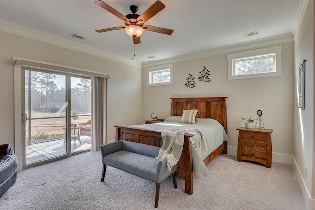 carpeted bedroom with access to exterior, crown molding, and ceiling fan