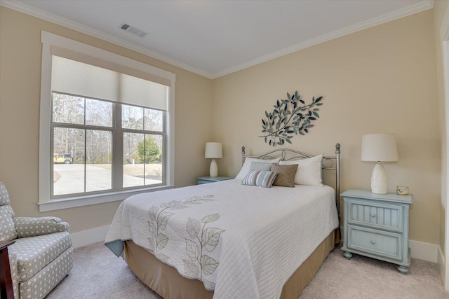 bedroom featuring crown molding and light colored carpet