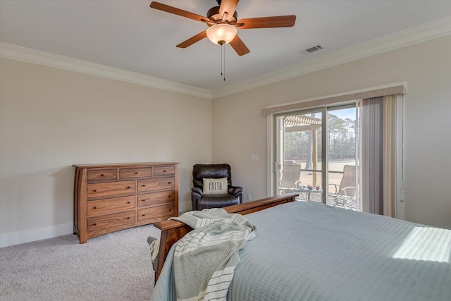 carpeted bedroom featuring access to exterior, crown molding, and ceiling fan