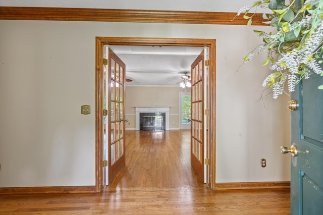 40 Driftwood Ct, Aiken, SC 29801 - hall with french doors, light wood-type flooring, baseboards, and ornamental molding
