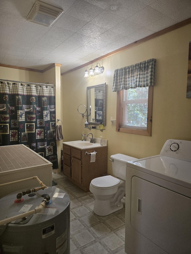 3706 Cooter Creek Rd, Elberton, GA 30635 - bathroom with washer / dryer, vanity, tile patterned floors, and a shower with curtain