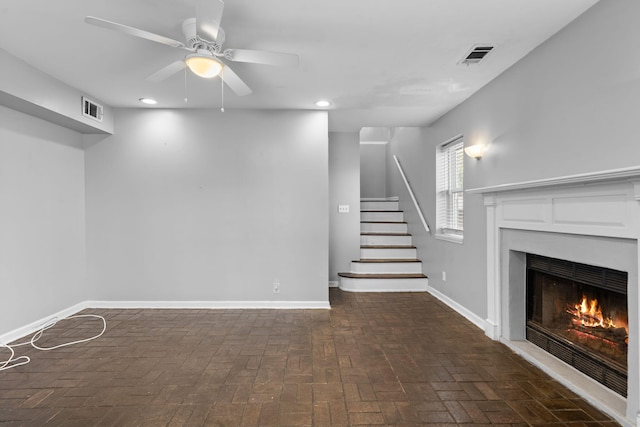 basement with ceiling fan