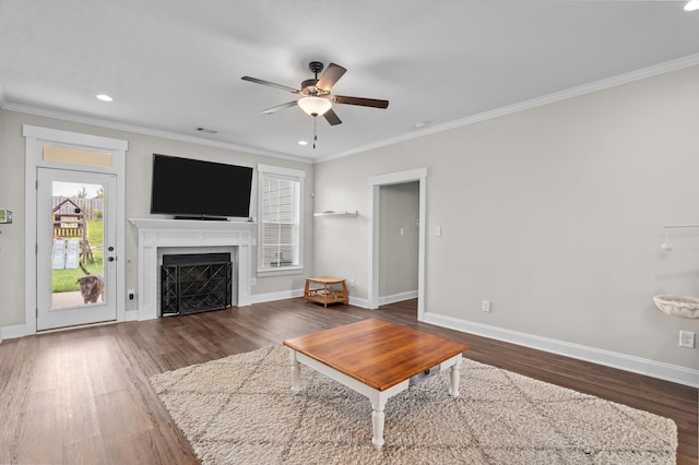 256 Dublin Loop, Grovetown, GA 30813 - living area with dark wood-type flooring, ceiling fan, baseboards, ornamental molding, and recessed lighting