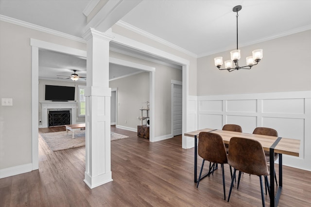 256 Dublin Loop, Grovetown, GA 30813 - dining space featuring ornate columns, a ceiling fan, a high end fireplace, dark wood-style flooring, and crown molding