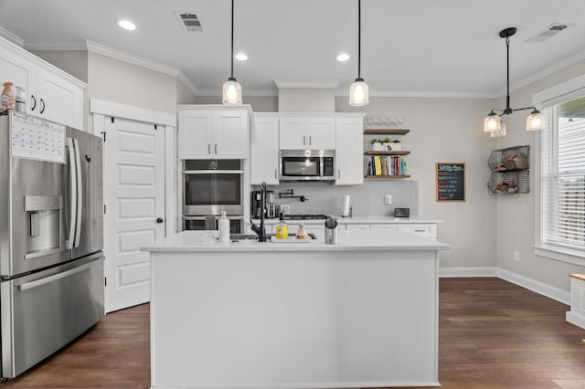 256 Dublin Loop, Grovetown, GA 30813 - kitchen with stainless steel appliances, ornamental molding, backsplash, white cabinetry, and light countertops