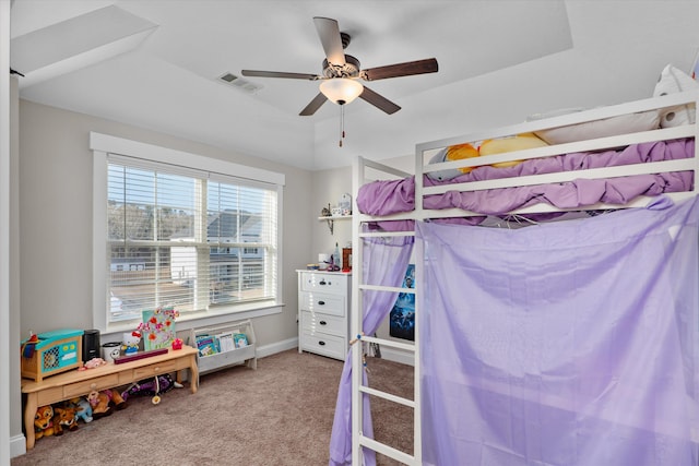 carpeted bedroom featuring ceiling fan