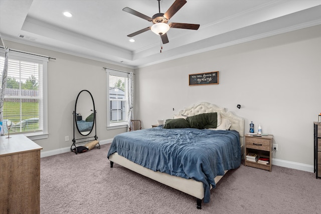 256 Dublin Loop, Grovetown, GA 30813 - carpeted bedroom featuring a tray ceiling, ornamental molding, baseboards, recessed lighting, and a ceiling fan