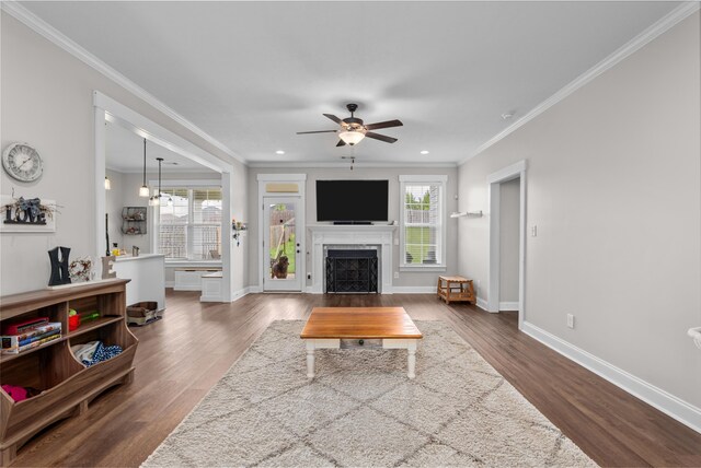 256 Dublin Loop, Grovetown, GA 30813 - living room with crown molding, a ceiling fan, wood finished floors, recessed lighting, and baseboards
