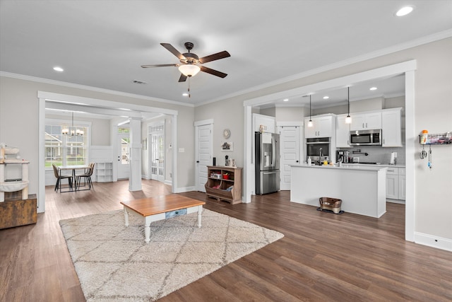 256 Dublin Loop, Grovetown, GA 30813 - living area with a ceiling fan, dark wood finished floors, ornamental molding, a chandelier, and recessed lighting