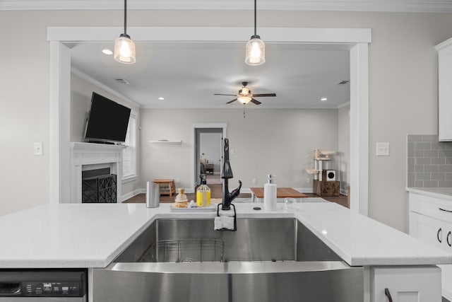 256 Dublin Loop, Grovetown, GA 30813 - kitchen featuring a sink, open floor plan, dishwashing machine, a ceiling fan, and a fireplace