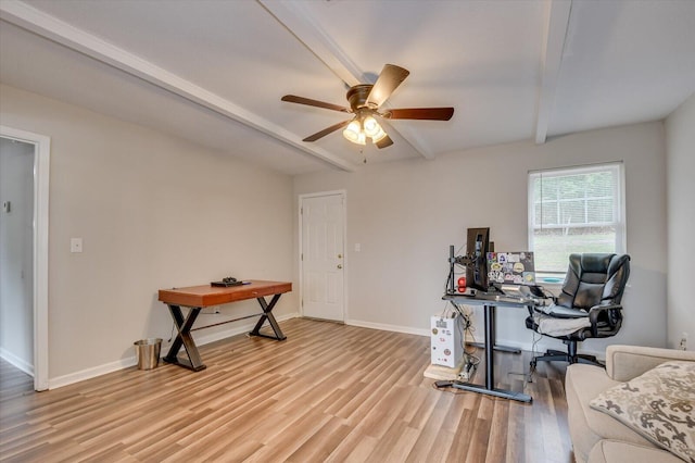 office area featuring beam ceiling, ceiling fan, and light hardwood / wood-style flooring