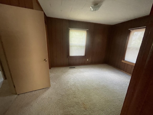 empty room with wooden walls and light colored carpet