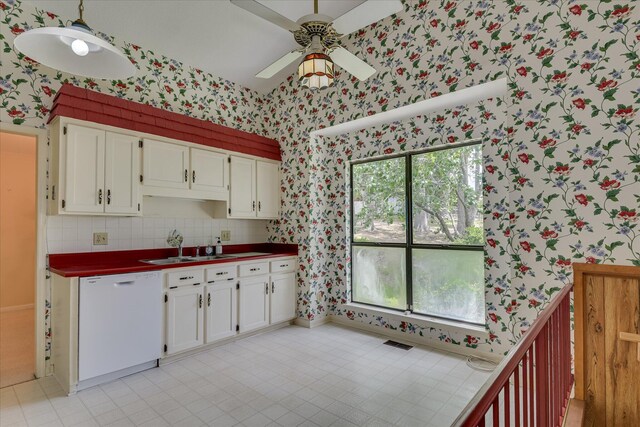 904 Big Hunt Rd, Augusta, GA 30907 - kitchen with dishwasher, wallpapered walls, white cabinetry, a ceiling fan, and dark countertops