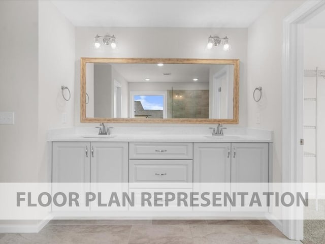 bathroom with tile patterned flooring, vanity, and a shower with shower door