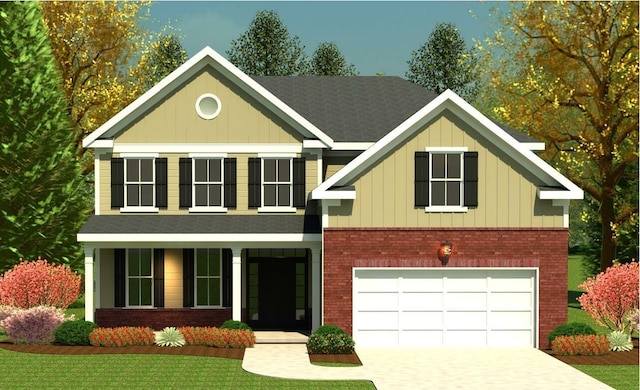 5511 Sweetwater Dr, Grovetown, GA 30813 - view of front facade featuring brick siding, driveway, a front yard, a garage, and board and batten siding