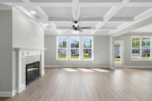 5511 Sweetwater Dr, Grovetown, GA 30813 - unfurnished living room with a ceiling fan, wood finished floors, a fireplace, beamed ceiling, and coffered ceiling