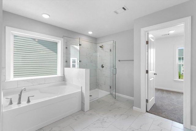 5511 Sweetwater Dr, Grovetown, GA 30813 - full bathroom featuring a garden tub, a stall shower, marble look tiles, and recessed lighting