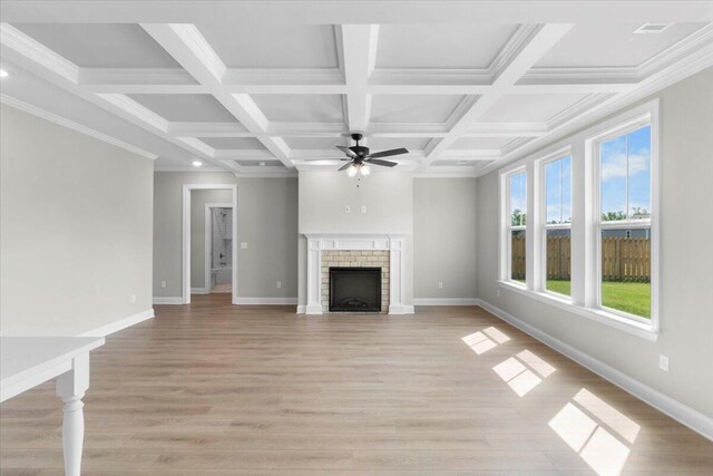 5511 Sweetwater Dr, Grovetown, GA 30813 - unfurnished living room with a ceiling fan, light wood finished floors, a fireplace, coffered ceiling, and beamed ceiling
