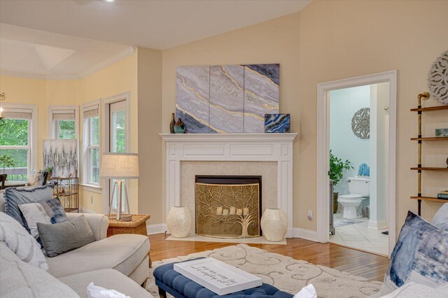 living room featuring a tiled fireplace and light hardwood / wood-style flooring