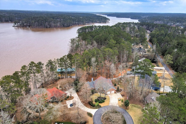 birds eye view of property featuring a water view and a wooded view