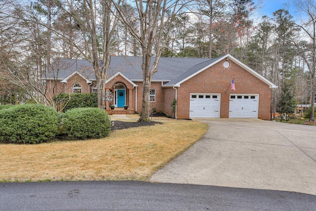 ranch-style home featuring brick siding, roof with shingles, an attached garage, driveway, and a front lawn