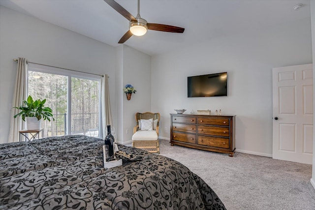 bedroom with access to exterior, carpet, baseboards, and ceiling fan