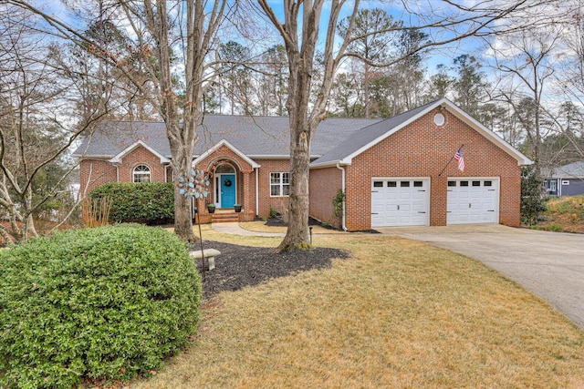 ranch-style home featuring brick siding, roof with shingles, concrete driveway, an attached garage, and a front yard