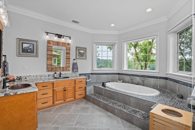 197 River Bend Dr, Clarks Hill, SC 29821 - bathroom featuring plenty of natural light, a bath, ornamental molding, double vanity, and recessed lighting
