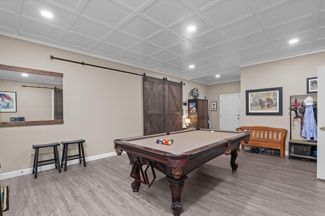 197 River Bend Dr, Clarks Hill, SC 29821 - rec room featuring a barn door, light wood-style flooring, baseboards, recessed lighting, and billiards table
