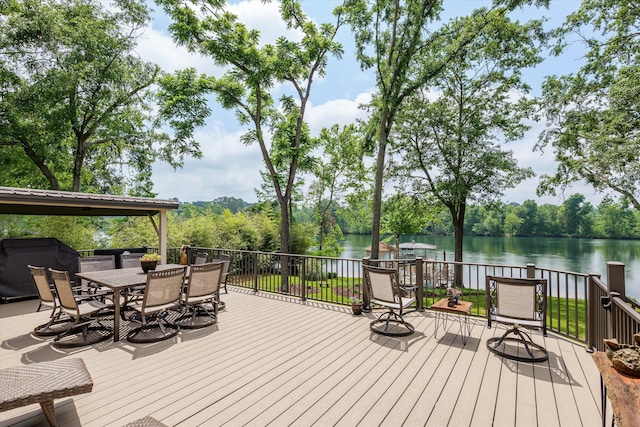 197 River Bend Dr, Clarks Hill, SC 29821 - wooden deck featuring outdoor dining space and a water view