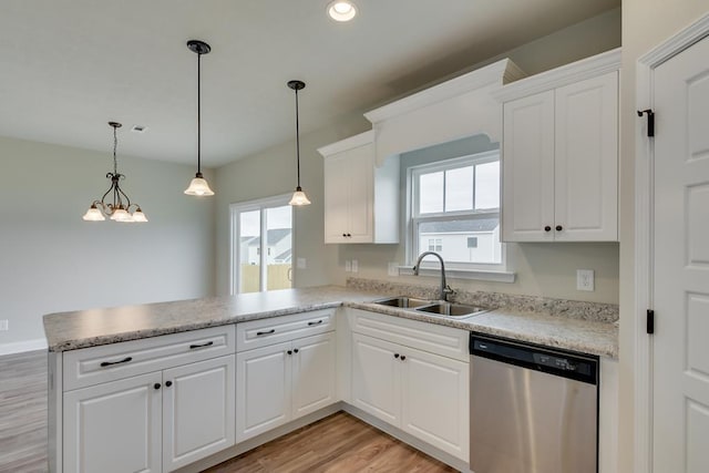 kitchen featuring stainless steel dishwasher, white cabinets, sink, and kitchen peninsula