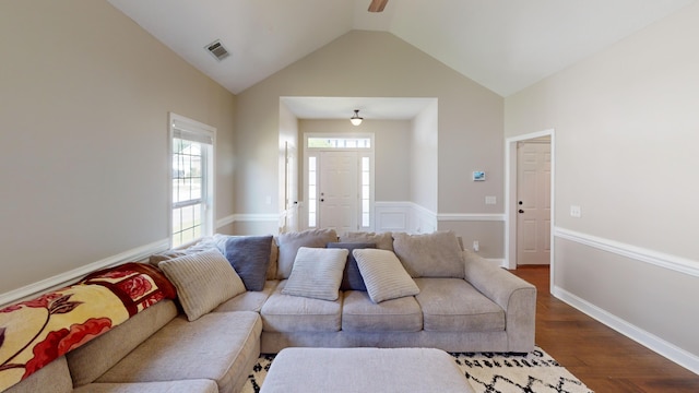 2054 Dundee Way, Grovetown, GA 30813 - living room featuring dark wood-type flooring, lofted ceiling, healthy amount of natural light, ceiling fan, and baseboards