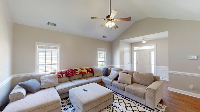 2054 Dundee Way, Grovetown, GA 30813 - living area with a ceiling fan, wood finished floors, wainscoting, and vaulted ceiling