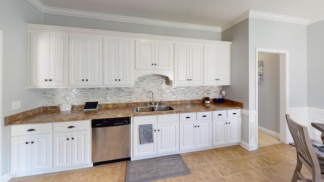 2054 Dundee Way, Grovetown, GA 30813 - kitchen featuring dishwasher, a sink, tasteful backsplash, white cabinets, and crown molding