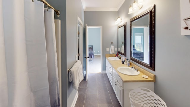2054 Dundee Way, Grovetown, GA 30813 - bathroom with crown molding, tile patterned flooring, double vanity, and a shower with curtain