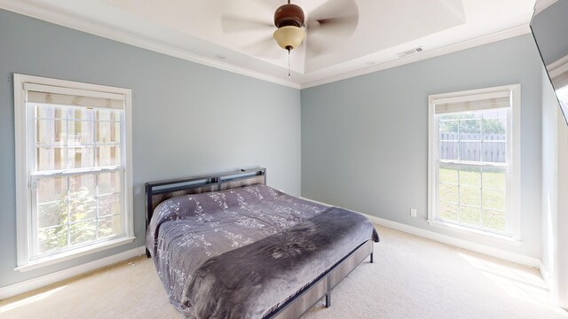 2054 Dundee Way, Grovetown, GA 30813 - bedroom with ornamental molding, carpet, baseboards, a raised ceiling, and a ceiling fan