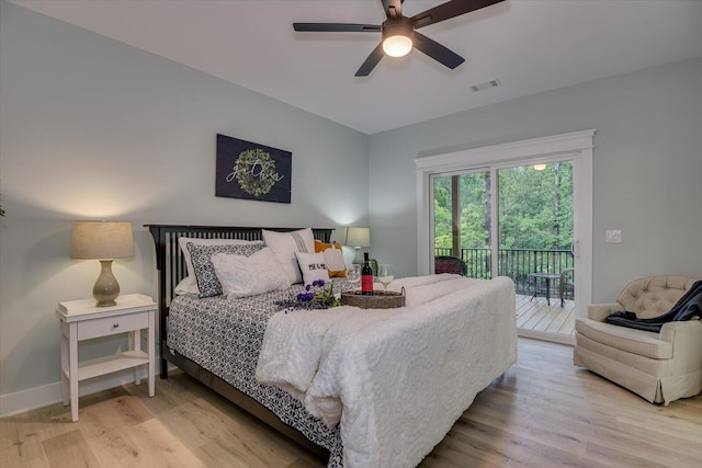 bedroom with access to outside, ceiling fan, and light hardwood / wood-style flooring