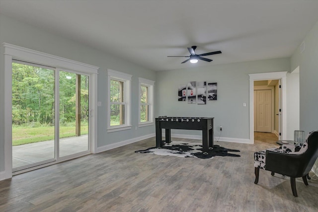 interior space featuring hardwood / wood-style flooring and ceiling fan