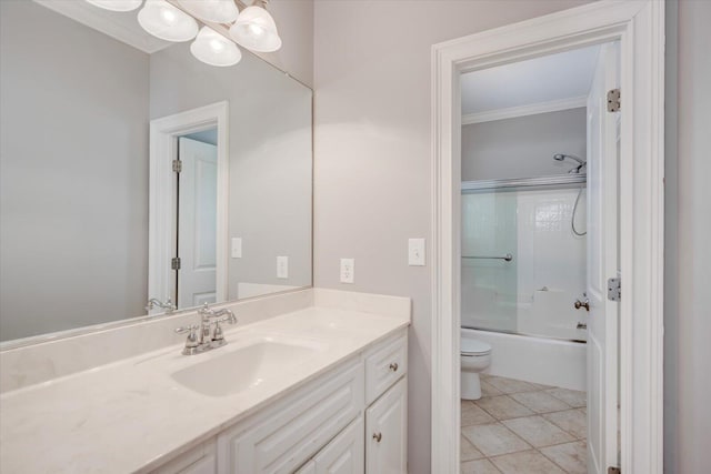 bathroom featuring bath / shower combo with glass door, tile patterned flooring, vanity, and toilet